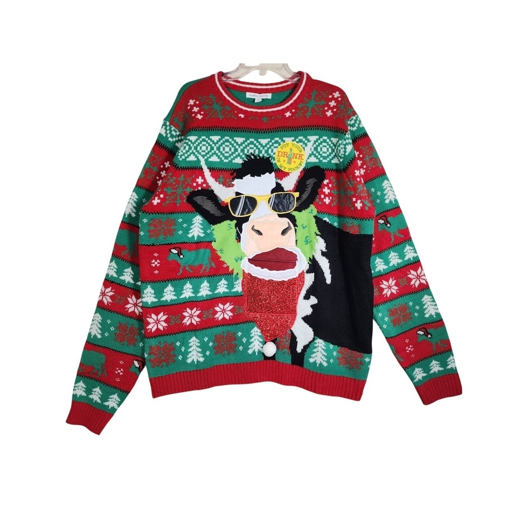 Ugly Christmas Sweater NWT XXL 2XL Cow Pocket Drink Funny Party Tacky Festive
